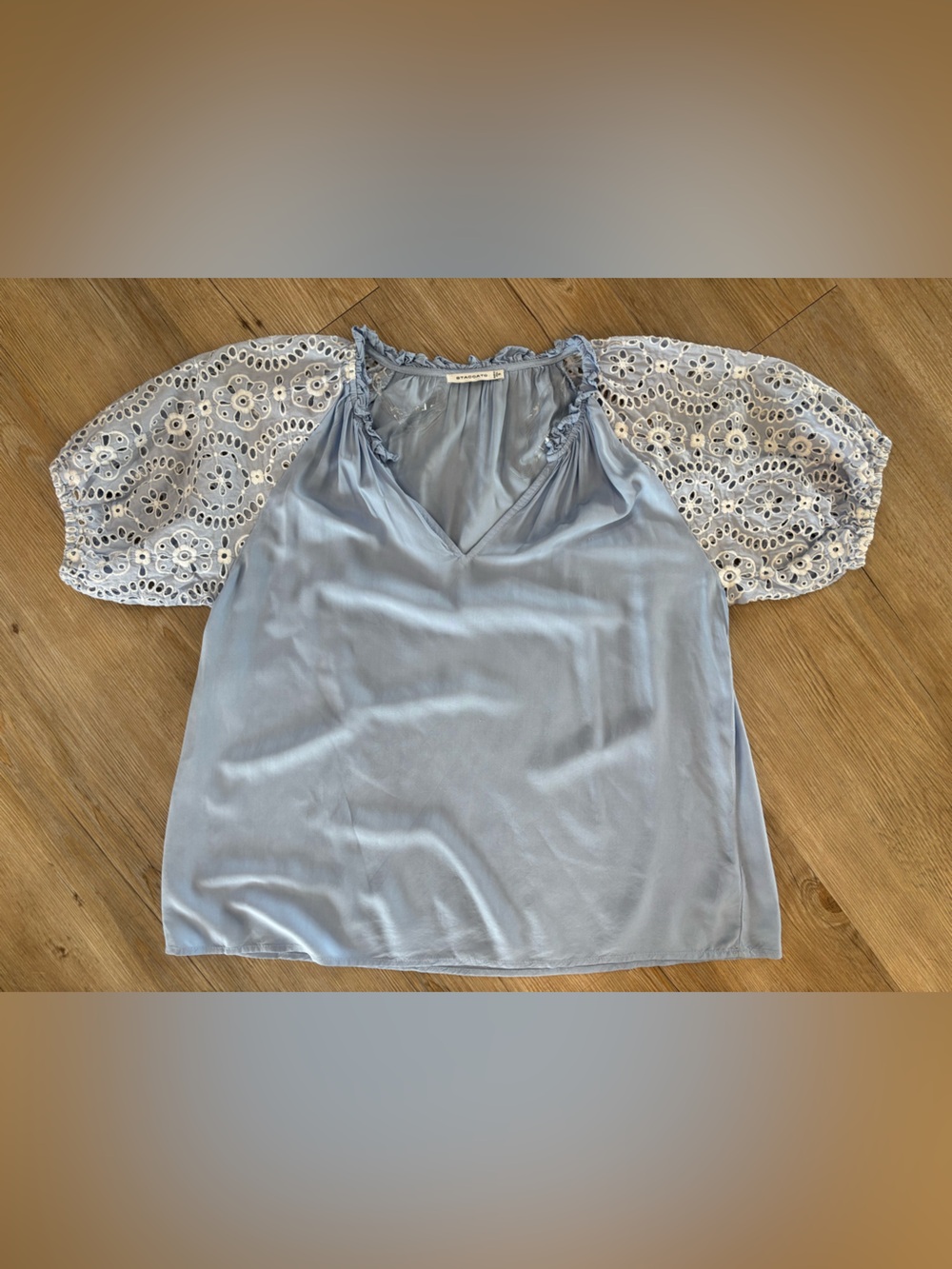 Staccato Light Blue Top with White Eyelet Sleeves